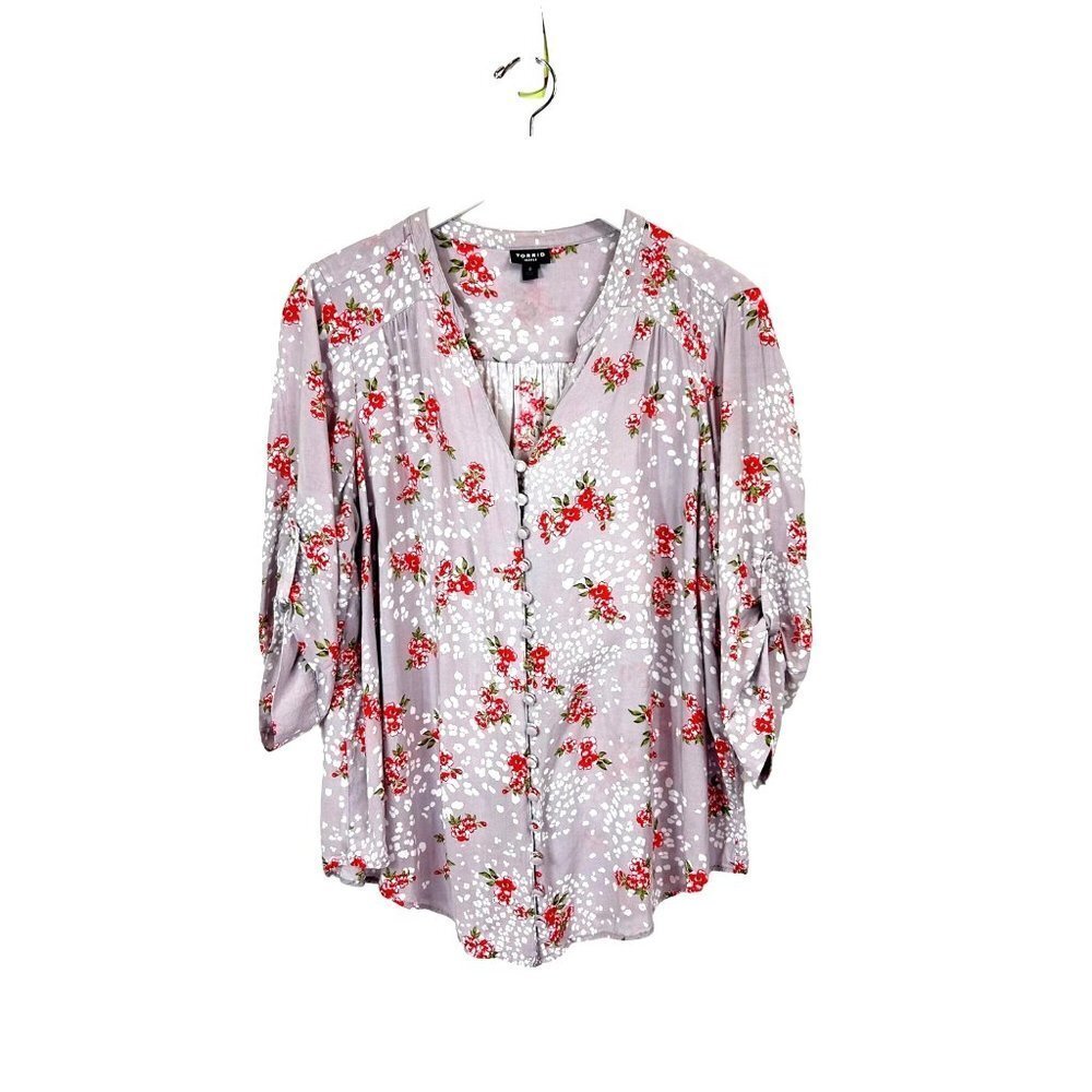 Torrid Blouse Women Large Gray Floral Harper Challis Button Front 3/4 Sleeve